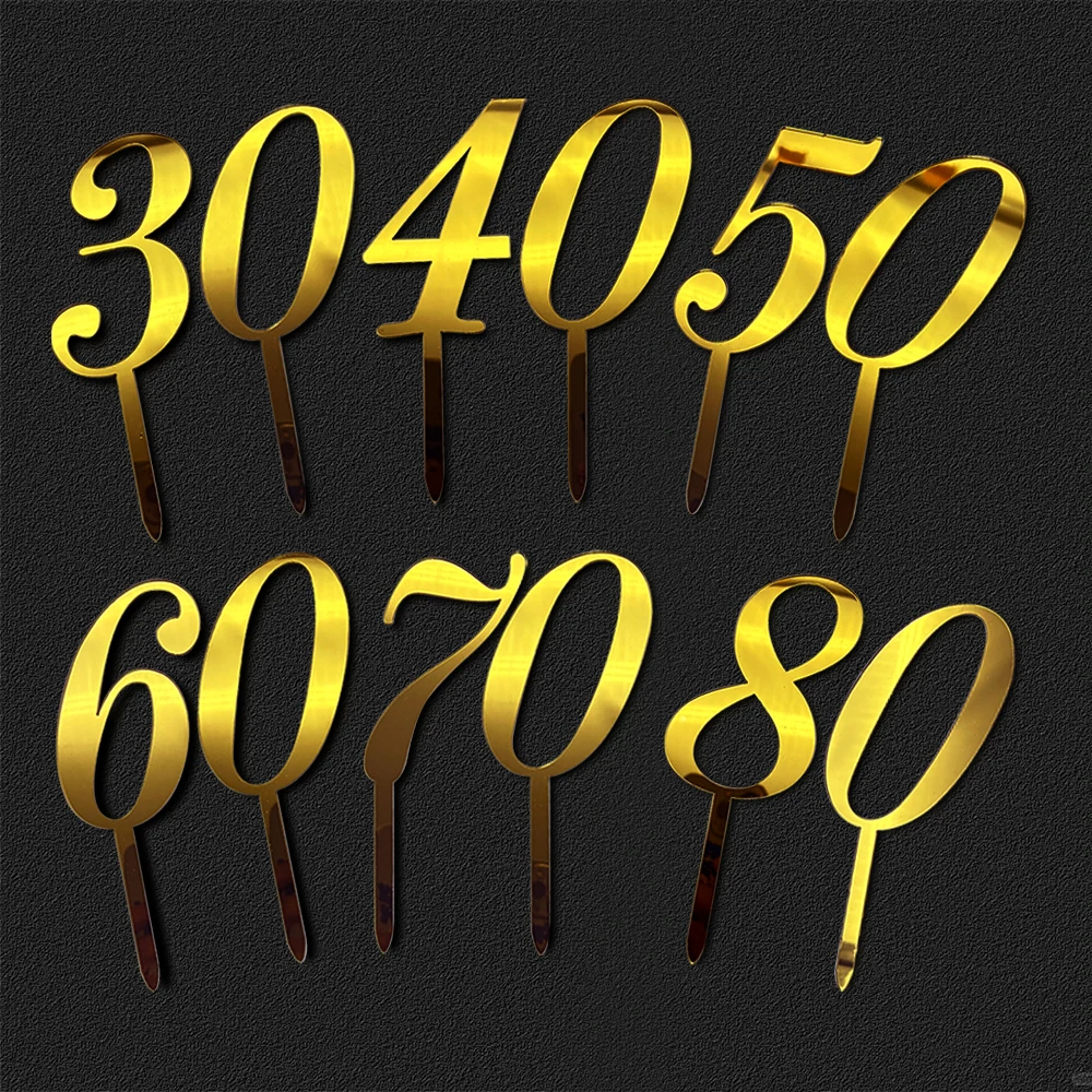 1set Golden Acrylic Numbers Cake Toppers 30 40 50 60 70 80 Birthday Wedding Anniversary Party Cake Decoration