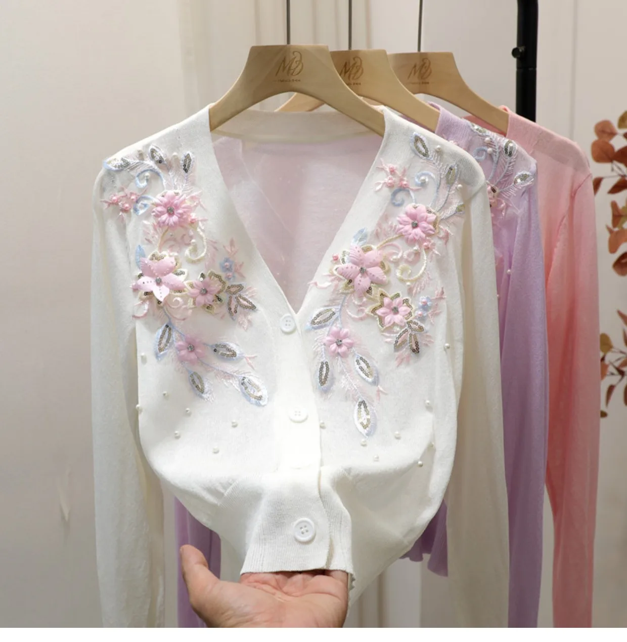 Rhinestone Autumn Luxury Beading Knitted Cardigan Women Heavy Industry Pearl Shiny Crystal 3D Flower Sweater Outwear