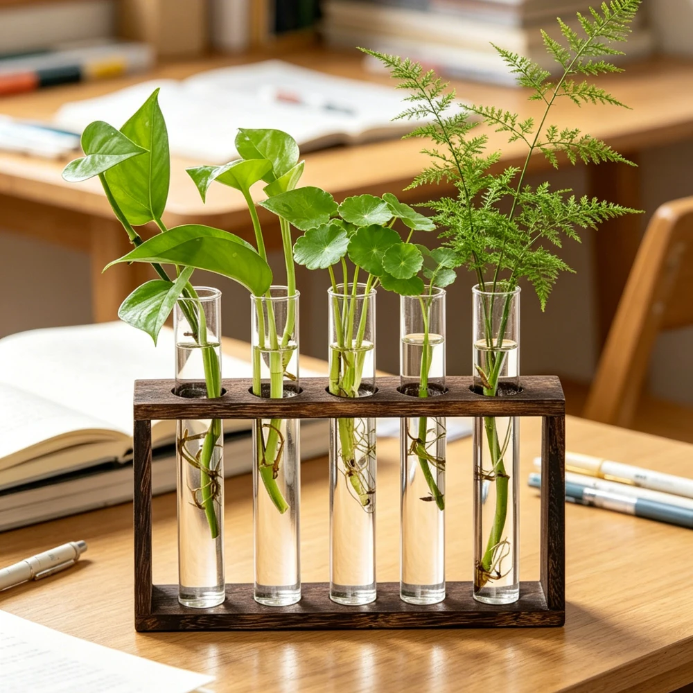 Wall Hanging Hydroponic Plant Propagation Glass Vase Transparent Tubes Vase  with Wooden Desktop Home Office Garde Decoration