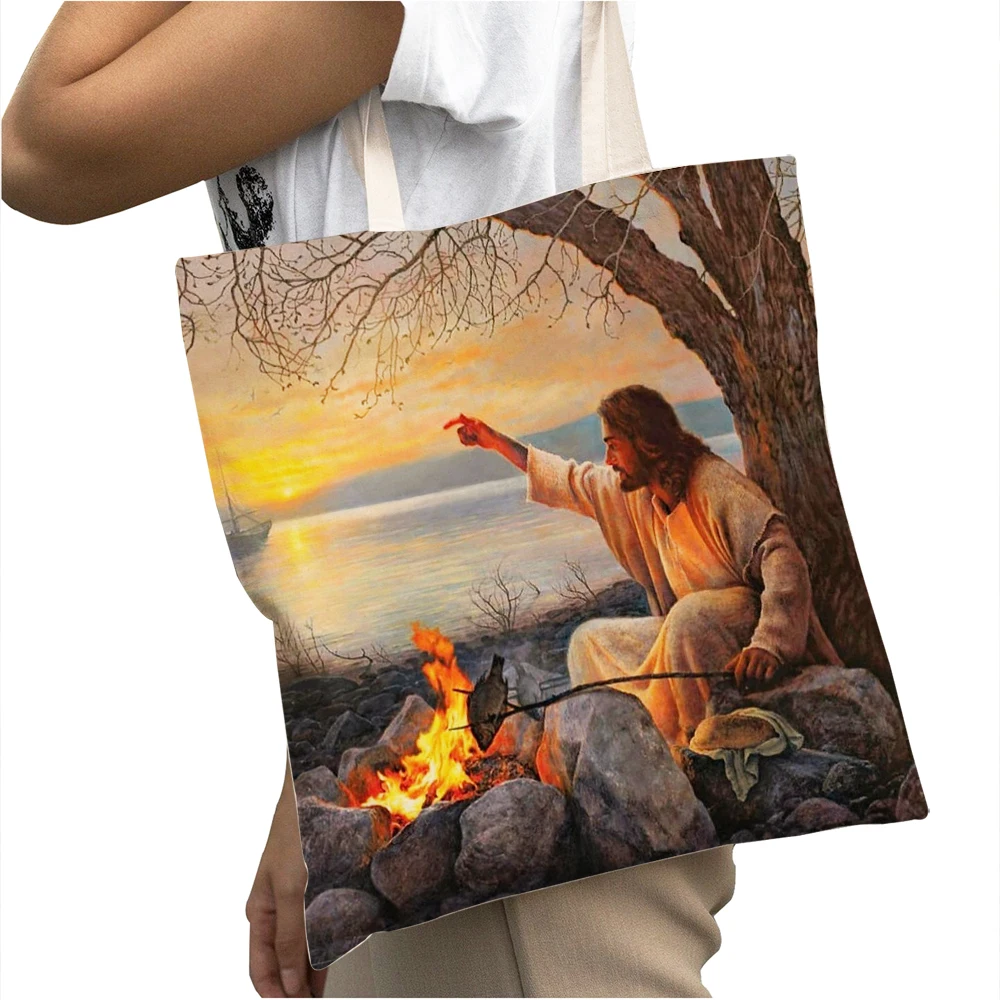 

Винтажная женская большая вместительная сумка с принтом иисуса христа, повседневная холщовая сумка для покупок с изображением спасательного иисуса христа