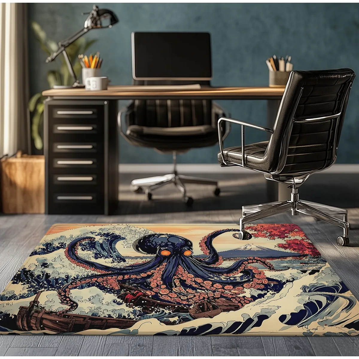 Japanese wave octopus rug kaiju monster art gaming room carpet office floor mat anime style rug modern design