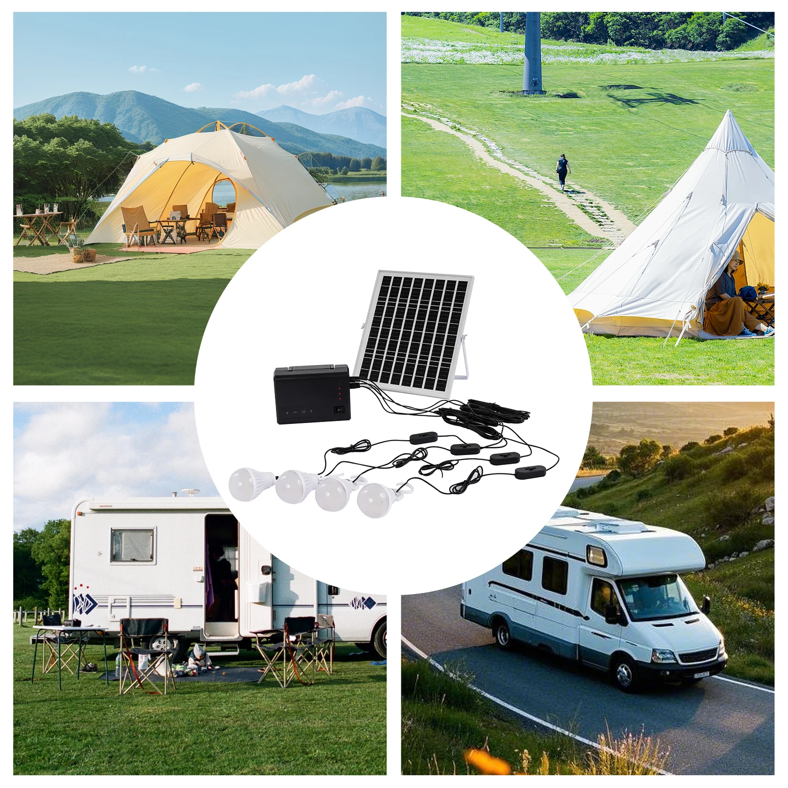 Solar Inverter with Solar Panel & 4 LED Lights, 12V 4A Portable Power Generator Kit,  for Home Backup Outdoors Camping