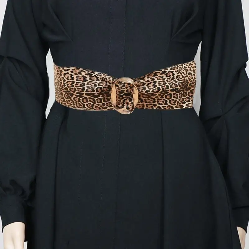

652F Leopard Wide Belt for Female Popular Gold Buckle Waistband Eye Catching Belt Aesthetic Corset Belt for Formal Dresses