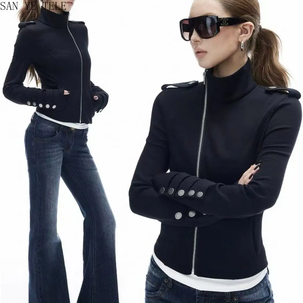 

Black Standing Collar Slim Zipper Jacket Top Women Autumn/Winter Long Sleeve Casual Loose Slim Fit Cardigan Solid Y2k Clothes