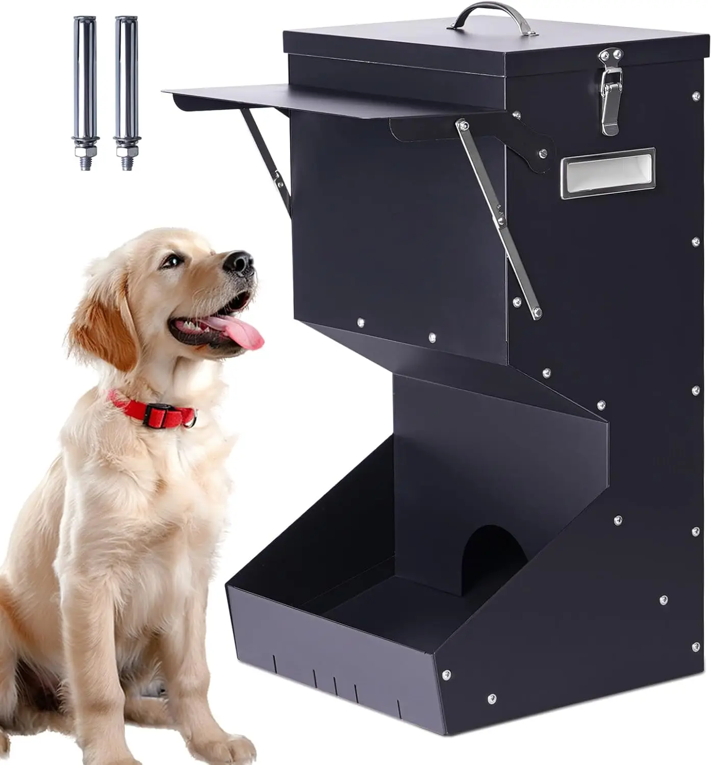 

Outdoor Use, Galvanized Metal Dog Feeder for Large Breeds, Hanging Design, 25 lbs Capacity