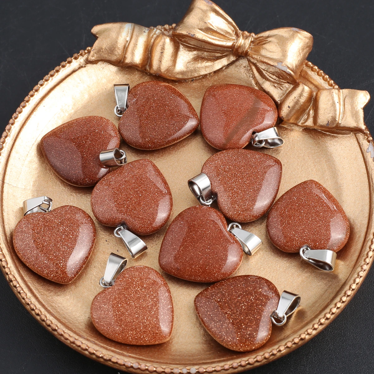20mm Heart Shape Natural Goldstone Charms Silver Color Bail Pendants 5Pcs Set for DIY Necklace Bracelet Jewelry Making Supplies