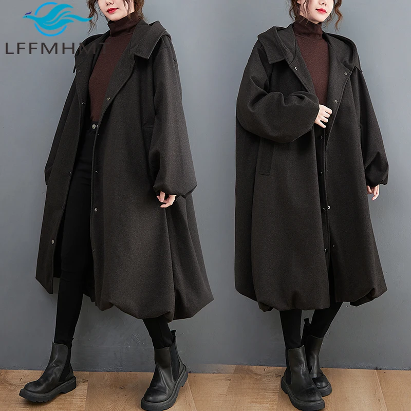 Art Style Hoodie Trench for Women Winter Fashion Solid Color Loose Casual Single Breasted Elegant Thicken Warm Coat Female Tops