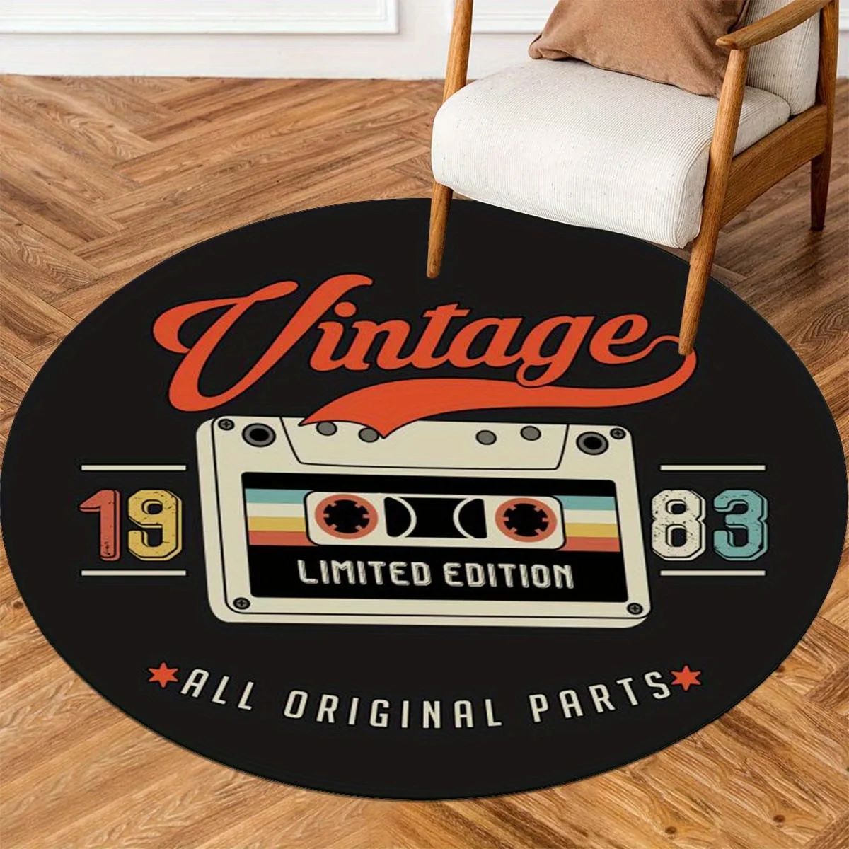 1983 Retro Cassette Tape Round Rug, Soft Non-Slip Washable Vintage Music Design Carpet for Living Room Bedroom Decor