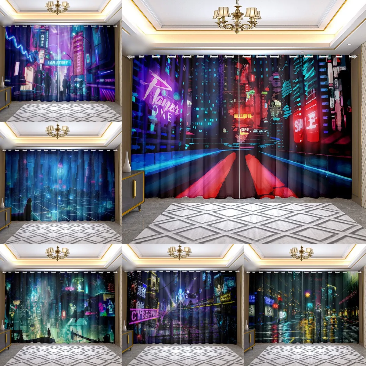 

2 panel Cyberpunk Anime City View Curtains for Bedroom Living Room Floor-to-ceiling Window Kitchen Blinds cortinas Rideaux