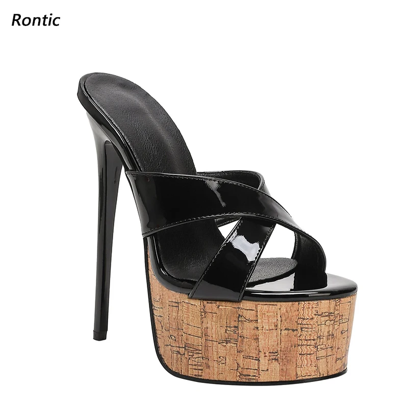 Rontic Artisan Crafted Women's Black Platform Heels - Glossy Cross Strap Sandals, Handmade Quality US Size 5-20