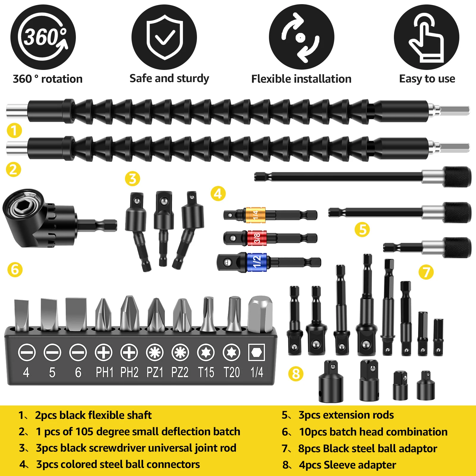 34Pcs Flexible Drill Bit Extension Set 1/4 Inch Hex Shank Drill Bit Holder Extension Kit Multipurpose Drill Bit Attachment