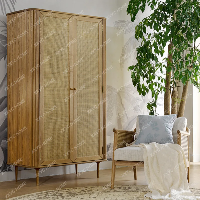 Bed and breakfast bedroom solid wood wardrobe household bedroom rattan storage locker small apartment light luxury wardrobe