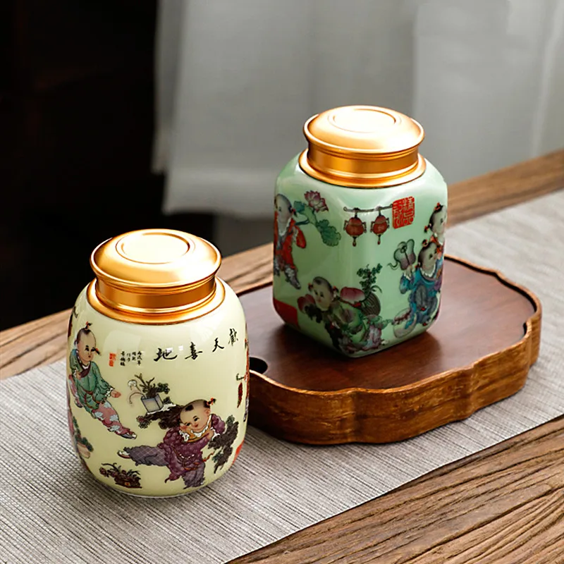 Double Lid Ceramic Tea Tins Home Sealed Tea Storage Jar Kitchen Spices Coffee Moisture Proof Can Chinese Tea Set Accessories