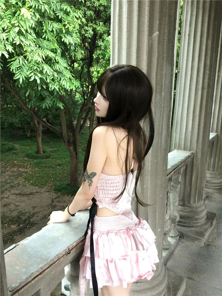 American Fashion Bow Lace Up Strapless Tops Wome+ Y2k E-Girl High Waist Ruched Cake Skirts 2024 Summer New Two Piece Sets