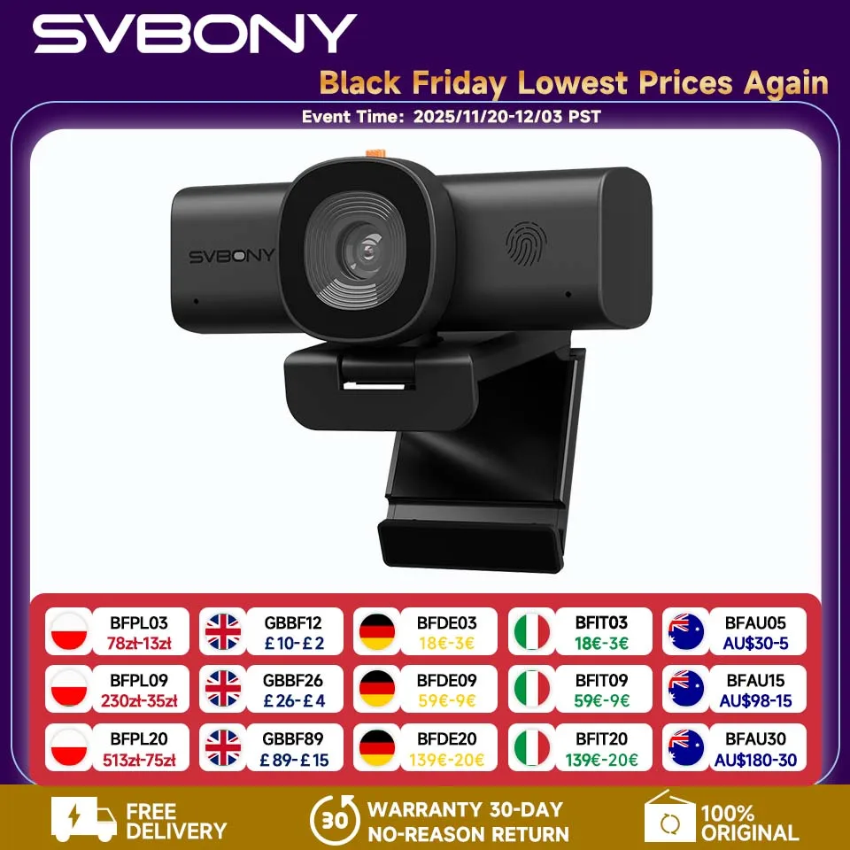 

Svbony SVN W1 All-in-one Webcam PC Camera with Microphone 2K 3X HD Zoom CAF 360° Horizontal Swivel One-Touch Privacy Protection