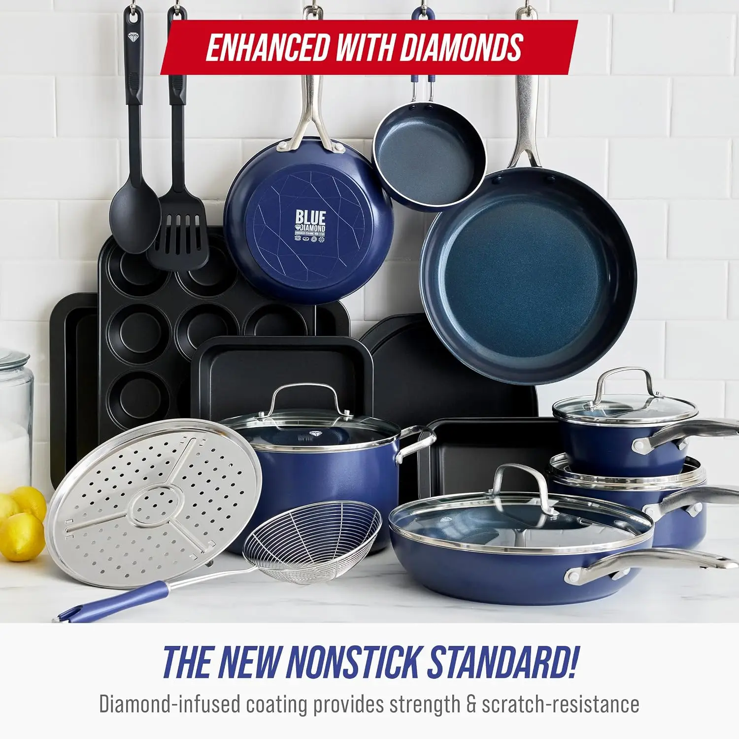 20 Piece Nonstick Cookware Set, Diamond Ceramic Pots & Pans, Dishwasher & Metal Utensil Safe, Non Toxic PFAS-Free, Kitchen Cooki