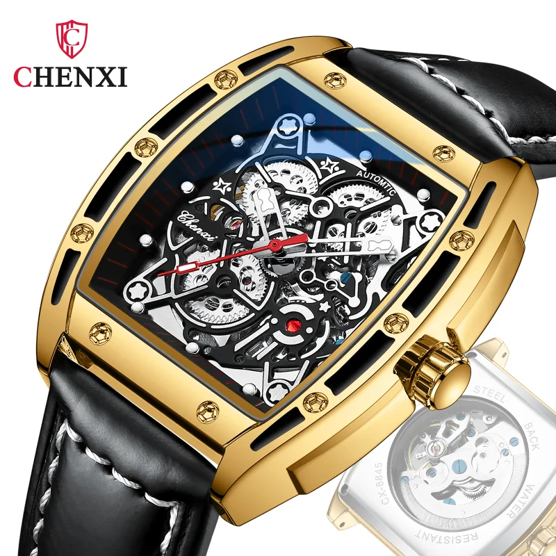 

CHENXI Mechanical Watch Men Skeleton Watches Fashion Tonneau Leather Band Automatic Mechanical Wristwatches Men Reloj Hombre