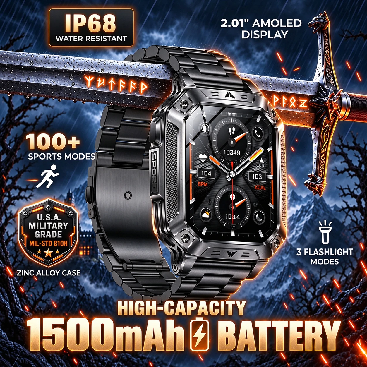 2026 Military Pro Smart Watch Men 1500mAh Battery 2.01