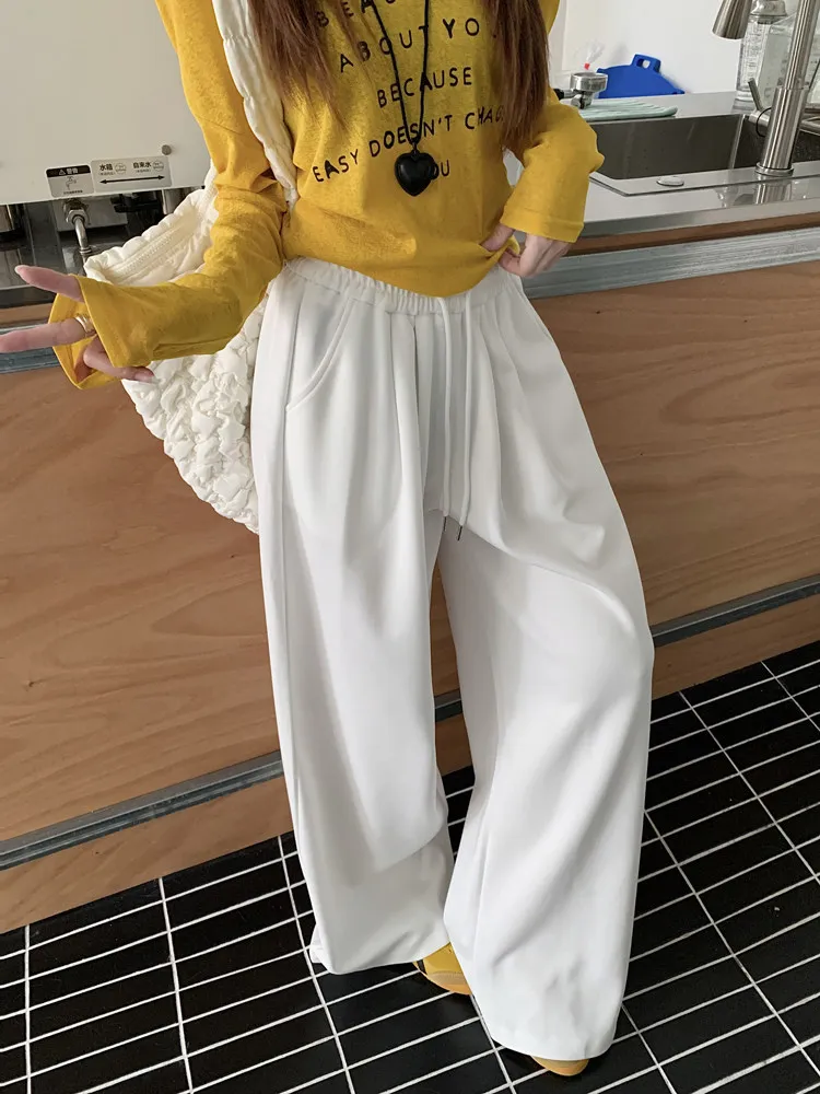 Autumn and winter drawstring elastic high waisted casual wide leg pants for women