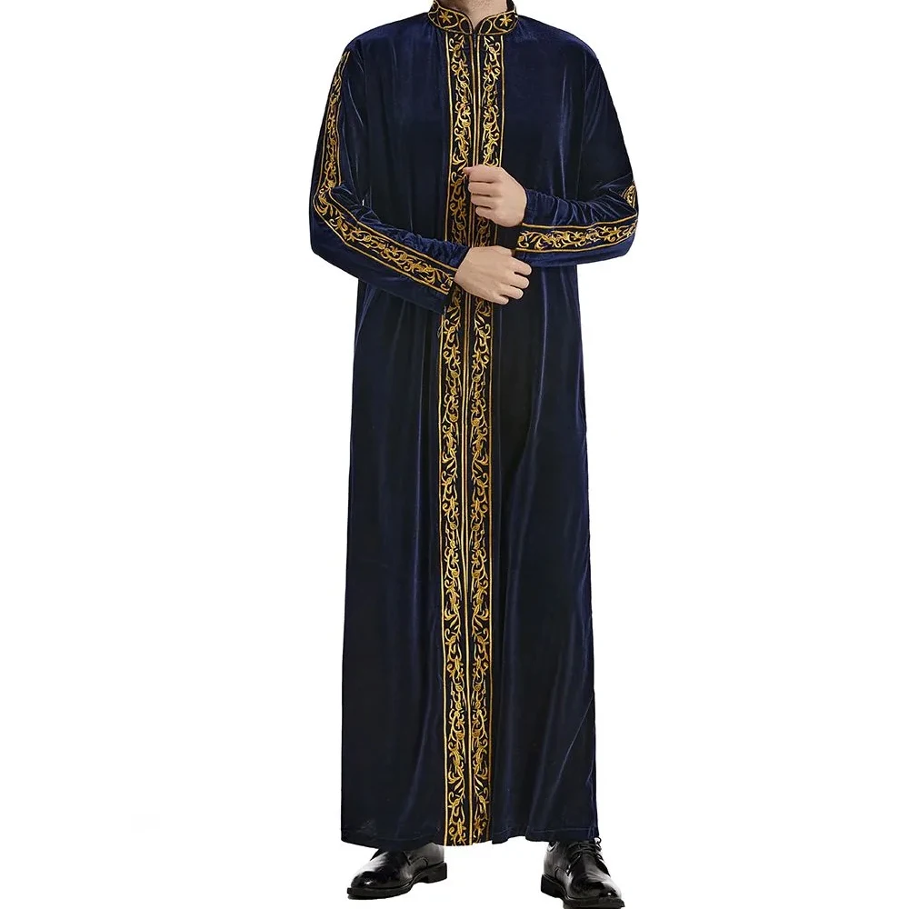 Arab Men's Robes Muslim Stand Collar Embroidery Ethnic Style, Gold Velvet Jubba Thobe Islamic Robes Dubai Kaftan Worship Suit