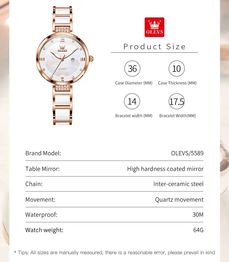 OLEVS 5589 Original Quartz Watch For Women Ceramic Steel Strap Calendar Luxury Ladies Wristwatch Waterproof Luminous Dress Watch