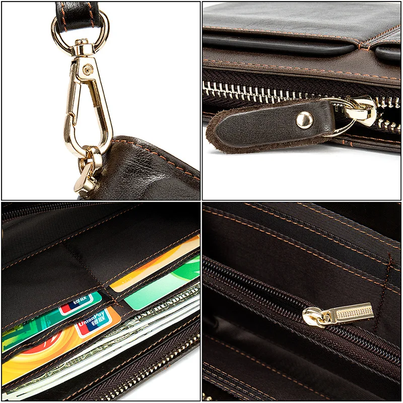 Men's Genuine Leather Long Wallet with Dual Pockets Multi Card Slots Handheld Clutch Purse
