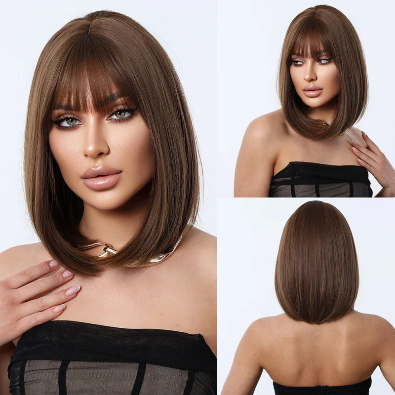 European American fashion dark brown wig full head cover medium-length straight hair bobo style with bangs