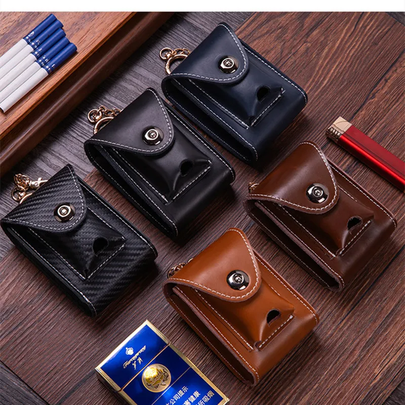 Genuine Leather Cigarette Case Bag Lighter Set All-in-one Cigarette Pack Men\'s Outdoor Belt Belt Pack Lighter Bag