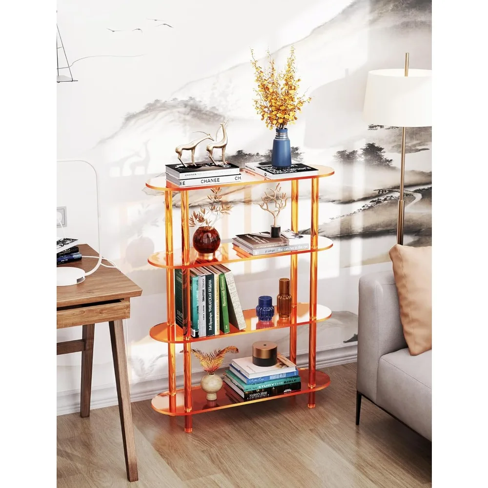 Bibliothèque ouverte transparente en acrylique à 4 niveaux pour une utilisation à domicile et au bureau en orange