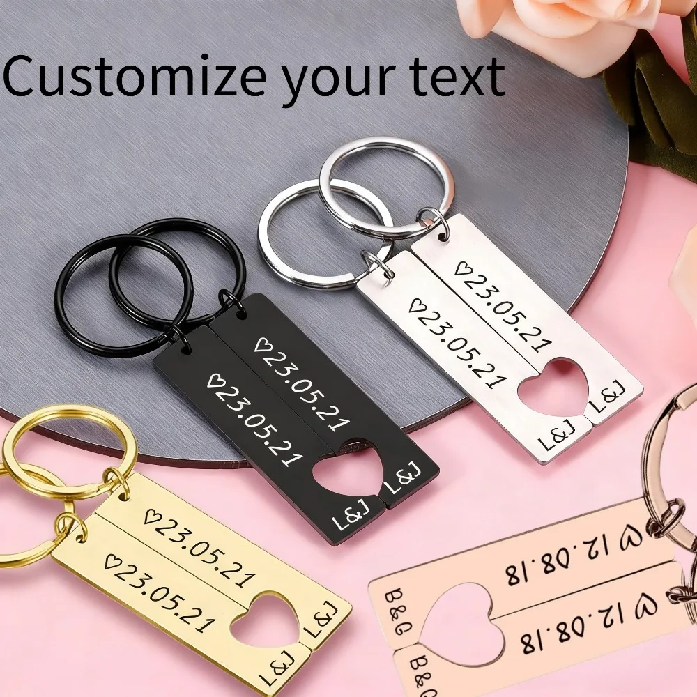 1Pair Rectangular Love Heart Stainless Steel Polished Key Engraved Date and Name Personalised Pendant DIY Couple Jewelry Gifts