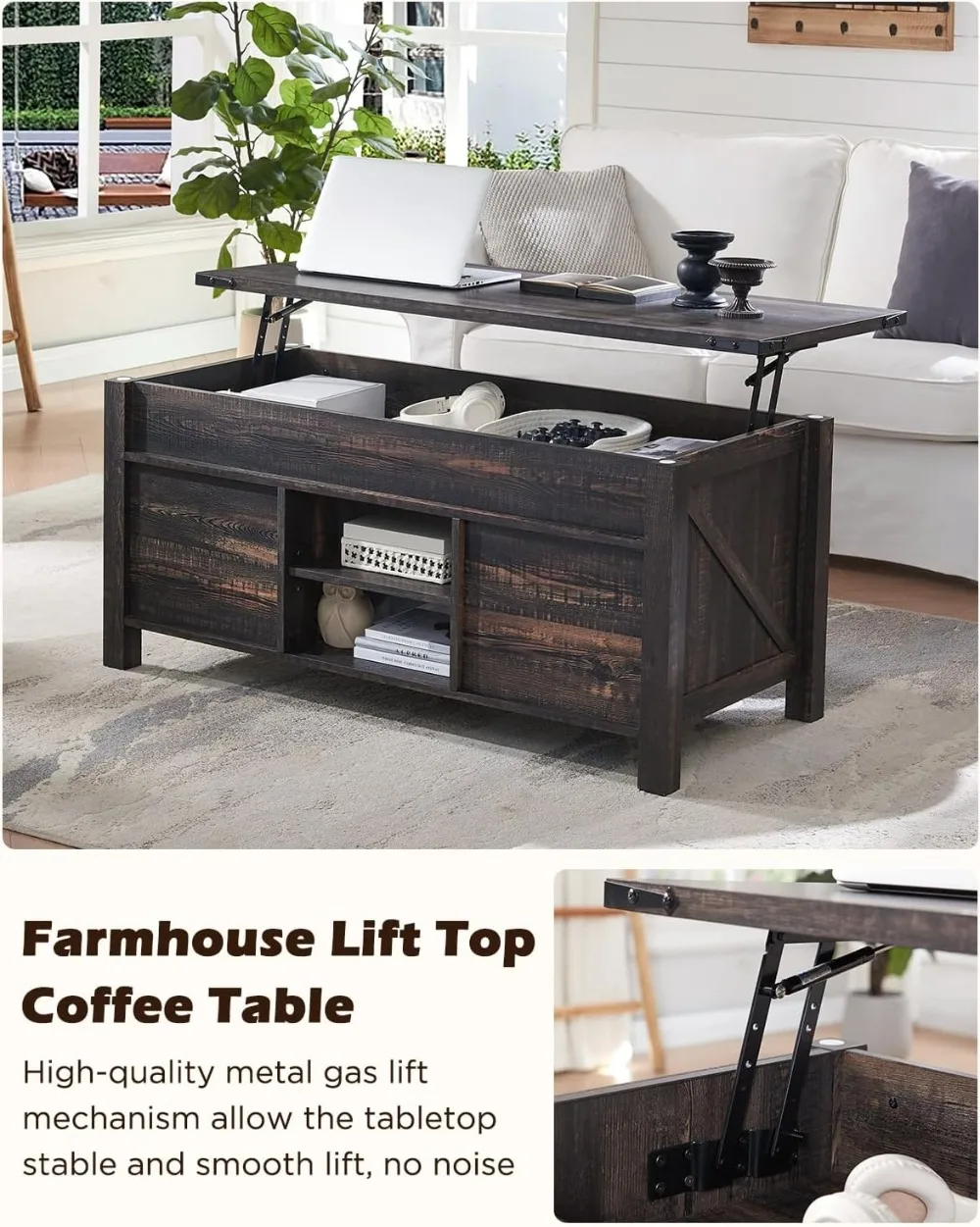 48" Farmhouse Lift Top Coffee Table with Sliding Barn Door,Rustic Center Table with Hidden Storage Compartment,Lifting Tabletop