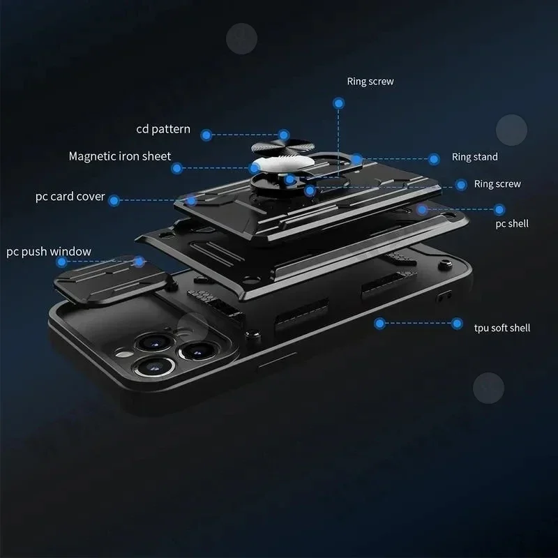 Case For Redmi Note 13 12 11 Pro Poco X6 Pro Xiaomi 13T Pro Slide Stand Ring 360 Magnetic Camera Military Grade Card Slot Cover