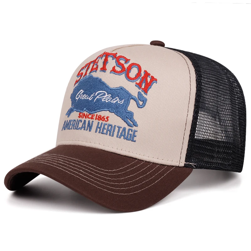 2025 personalisierte neue LKW-Mütze STETSON Red Bear atmungsaktive Mesh-Mütze Street Hip Hop Hut tägliche Freizeitkleidung Sonnenschutz Baseball-Mütze