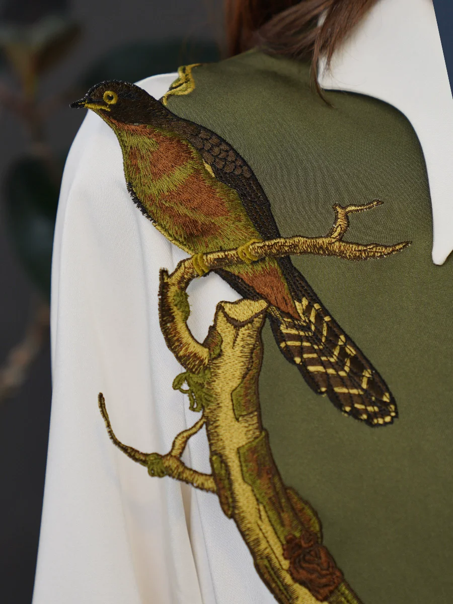 Original Design Women Vintage Style Chic Birds on Branch Embroidered Olive Green Detachable Collars