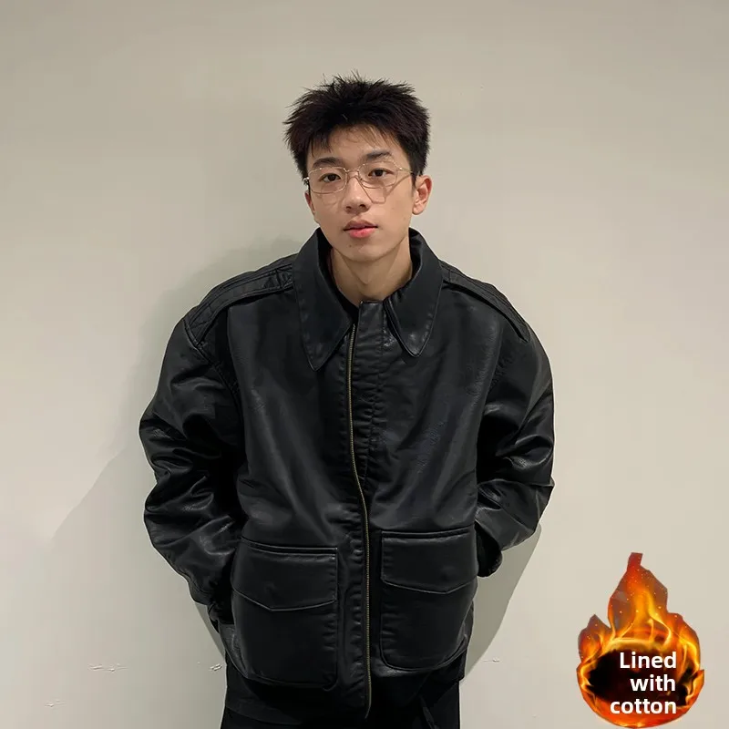 

Bla ort PU Leather Jaet Thiened Warm Motorcycle Cotton Coat Men's Autumn Winter Faionable Casual Sle Zipper Closure