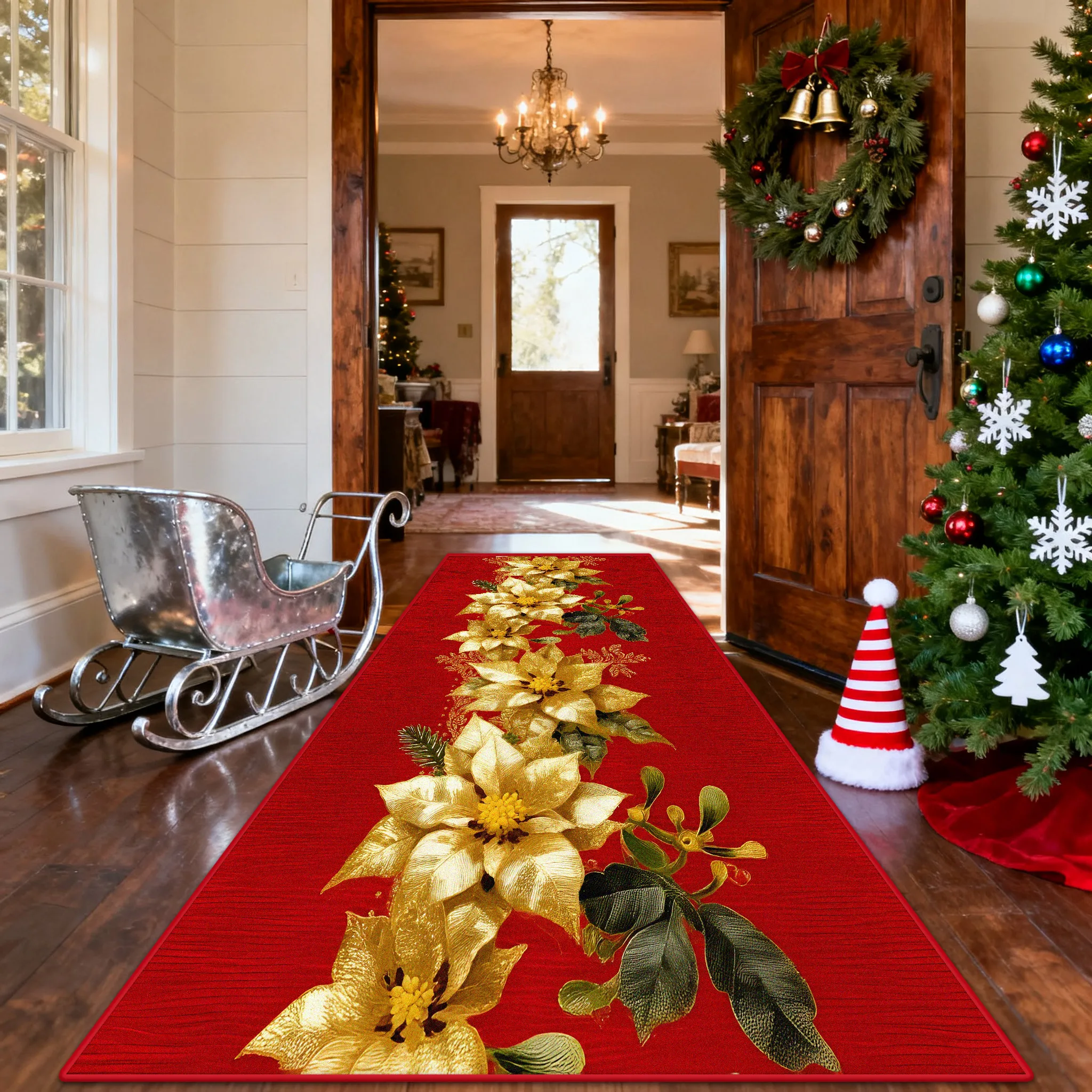 Poinsettia Luxury Long Corridor Carpet Christmas Party Entryway Runner Rug Hotel Lobby Washable Non-slip Foot Mat Customizable