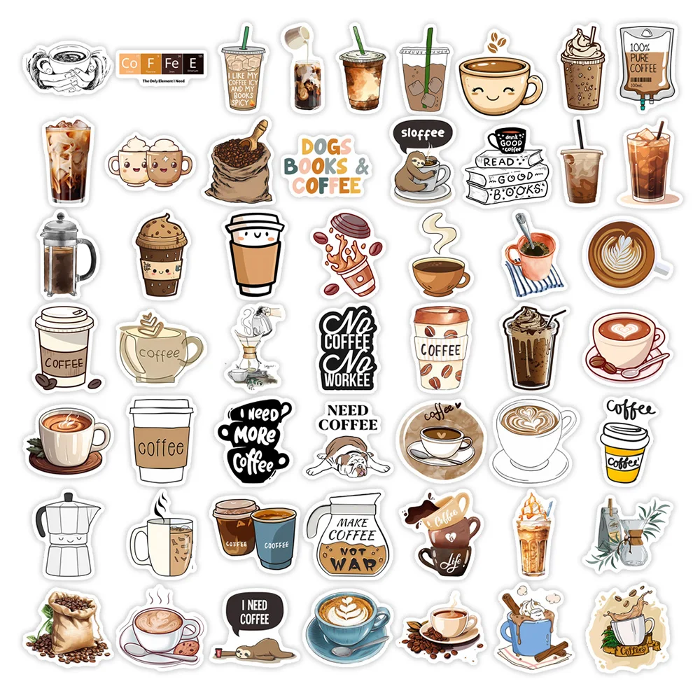 Watercolor Coffee Cafe Stickers Latte DIY Toy Gift Graffiti Waterproof Decal for Phones Laptops Scrapbooking Luggage Decorative