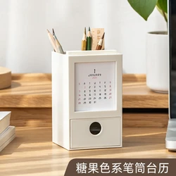 Creative Desk Calendar Pencil Pot Holder Brush Storage Container Desk Organizer Plastic Stationery Pen Holder Office Supplies