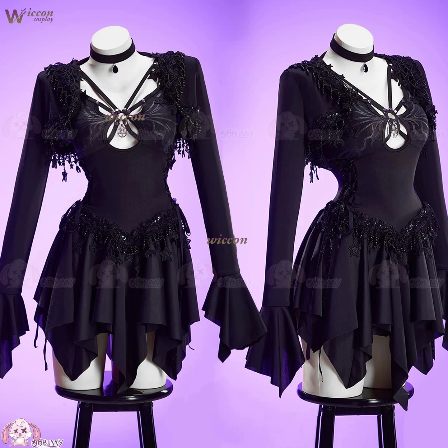 Starry Night Butterfly Dark Gothic Hollow Out Women Witch Maxi Black Dress Halloween Cosplay Costume for Comic Con