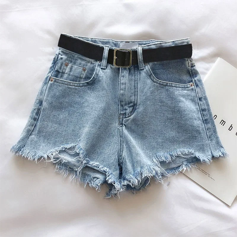 

Women Ripped Denim Shorts Pants Summer New Casual Hot Pants High Waist A Line Raw Hem Wide Leg Loose Fit Stretchy Denim Shorts