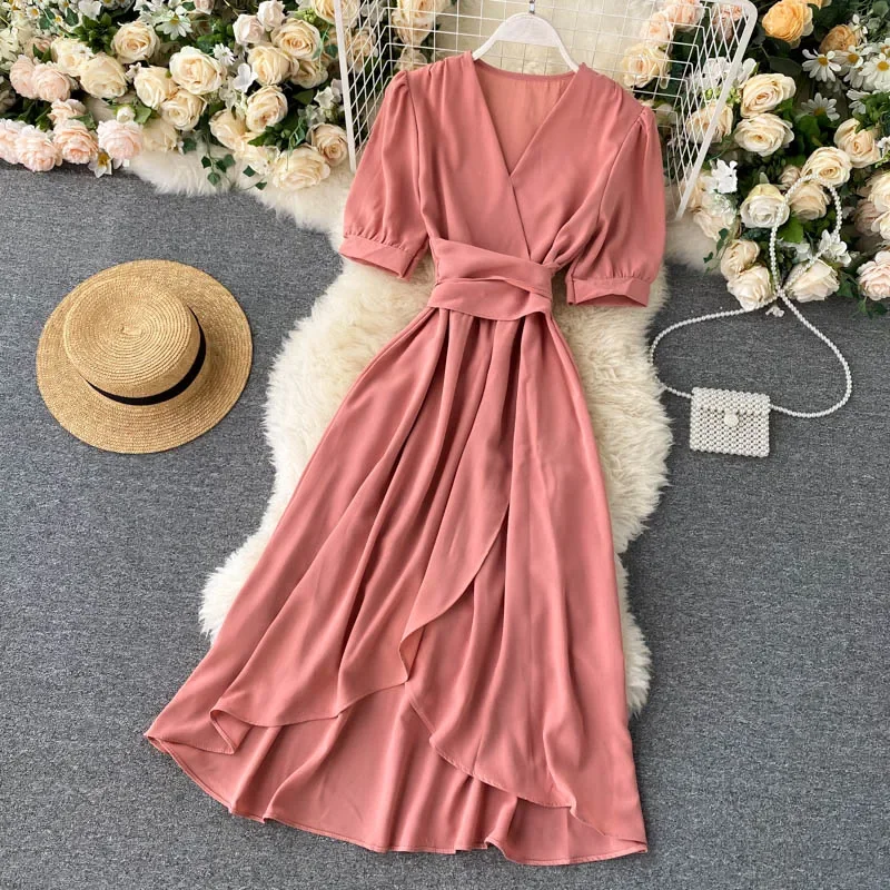 Women\'s Dress Spring New Temperament V-neck Solid Color Bubble Short-sleeved Irregular Ruffle Edge Lacing Dress Leisure Vestidos