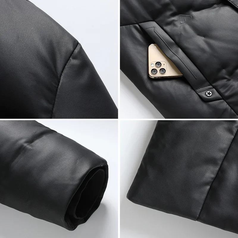 Chaqueta de plumón larga para hombre, Abrigo acolchado de cuero con relleno de ganso, ropa de diseño, invierno, 2024