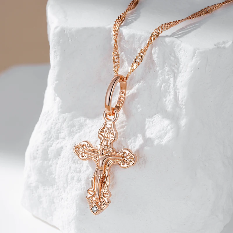 Kinel Luxury 585 Rose Gold Color Natural Zircon Cross Pendant Necklace For Women Orthodox Church Jesus Charm Daily Fine Jewelry