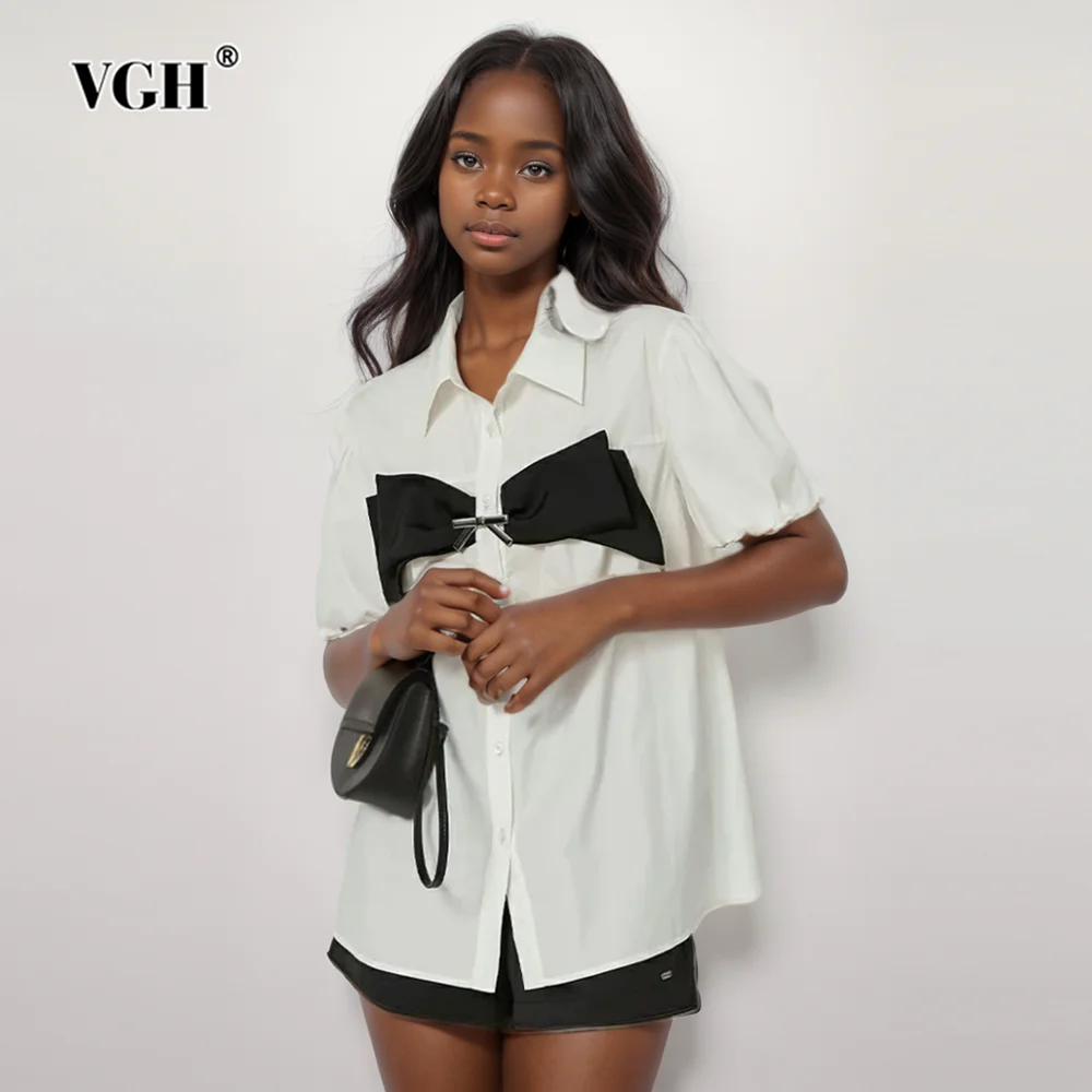 

VGH Patchwork Single Breasted Casual Shirts For Women Lapel Long Sleeve Spliced Bowknot Minimalist Loose Blouses Female Fashion