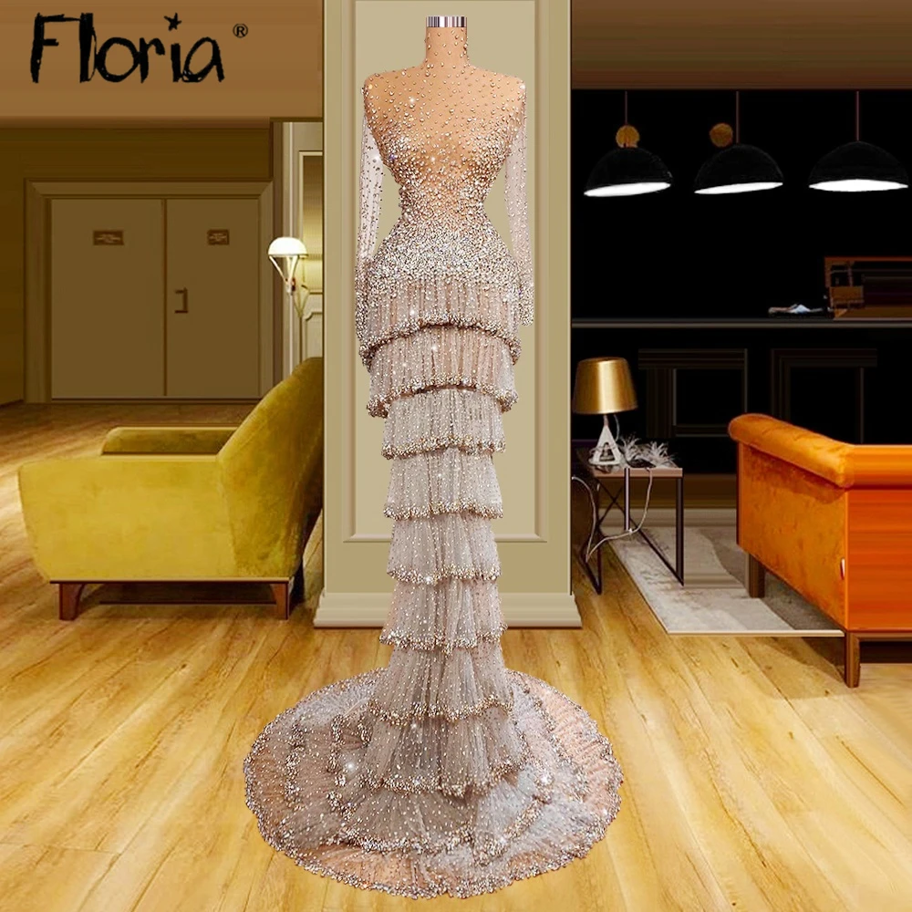 

Luxury Light Champagne Evening Dress Duba Illusion Formal Prom Party Gowns Arabic Ruffled Special Occasion Dresses Gala Dress