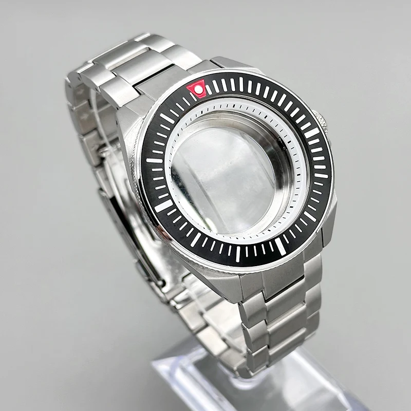 

44mm Silver King Samurai Watch Cases Transparent Bottom Cover Fits NH34 NH35 NH36 4R 7S Movement With Fashion Bezel Case Modifie