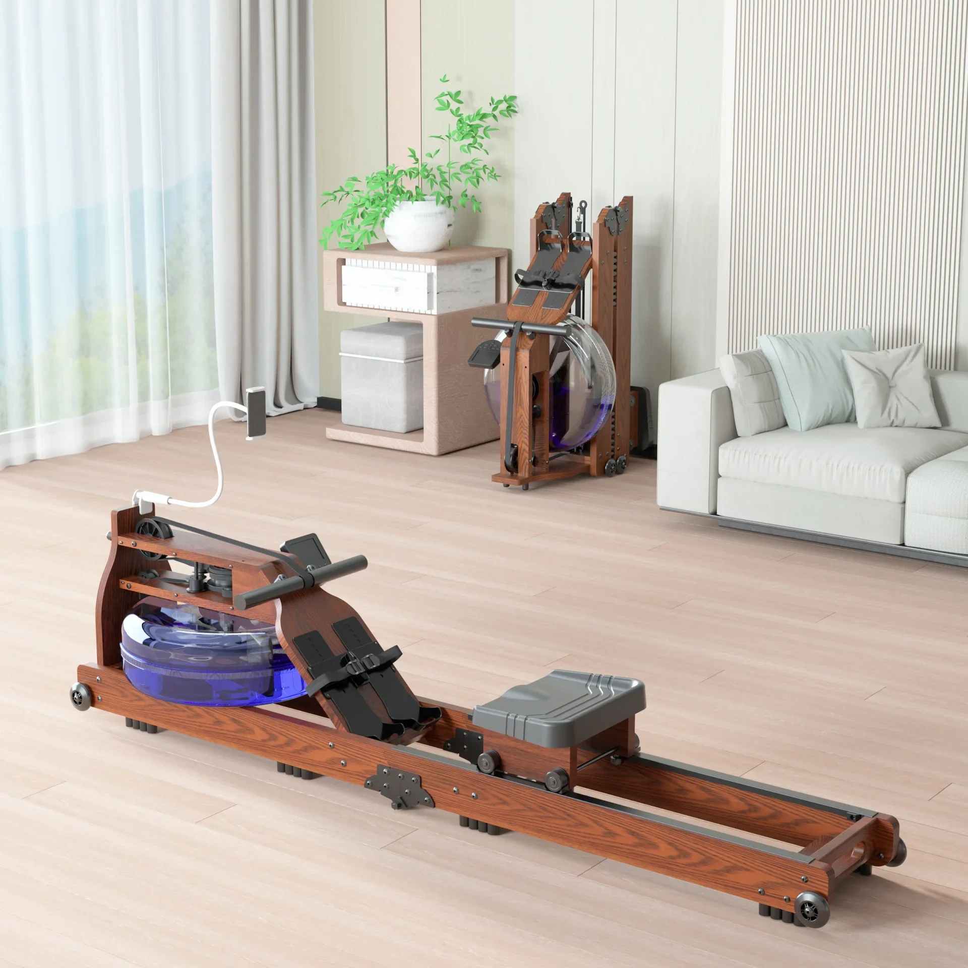 for Seated Oak Folding Professional Foldable Air Rowing Machine Wooden Water Rower Rowing Machine with Bluetooth