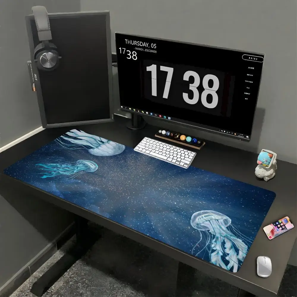 Deep Sea Glowing Jellyfish Mouse Pad Large Anti-Slip Rubber Gaming MousePad Durable Stitched Edge for Office Gaming Desk Mats