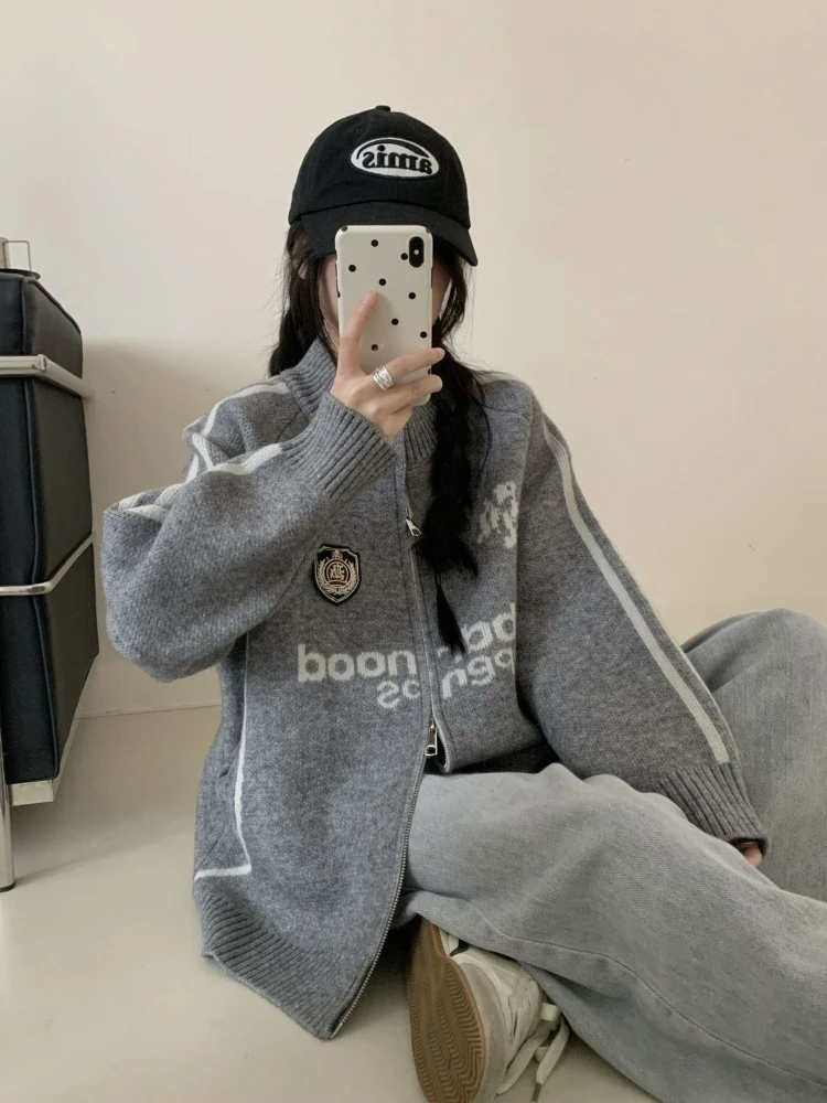 Deeptown American Retro Letter Zipper Sweater Women Gray Preppy Style Sports Knitwear Vintage Causal Solid Long Sleeve Cardigan