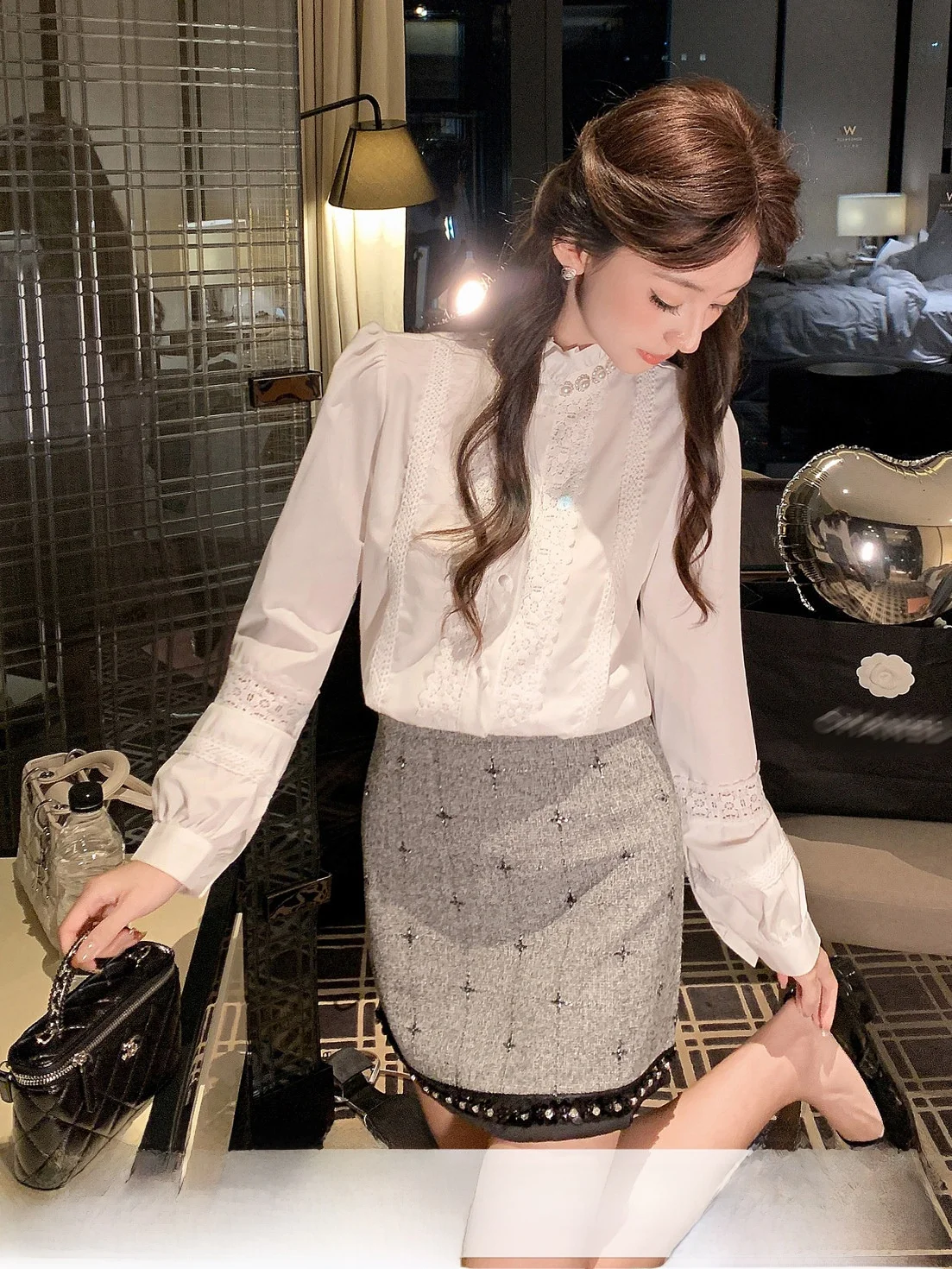 

French Sle Long Sve Women's irt Diamond Slim Fit Faionable Early Autumn New Arrival Chic Top Trendy Blouse